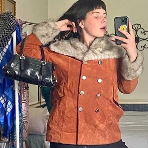 VINTAGE BURNT ORANGE SUEDE AND FUR BUTTON UP COAT